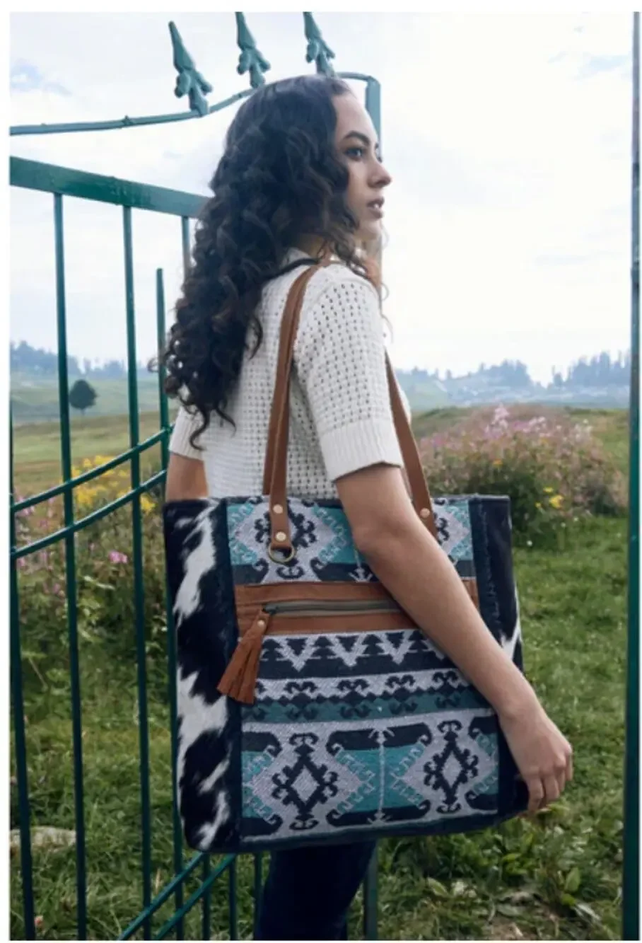 NWT Boutique Western Isabela Blue Woven Leather Trim Boho Tote Bag